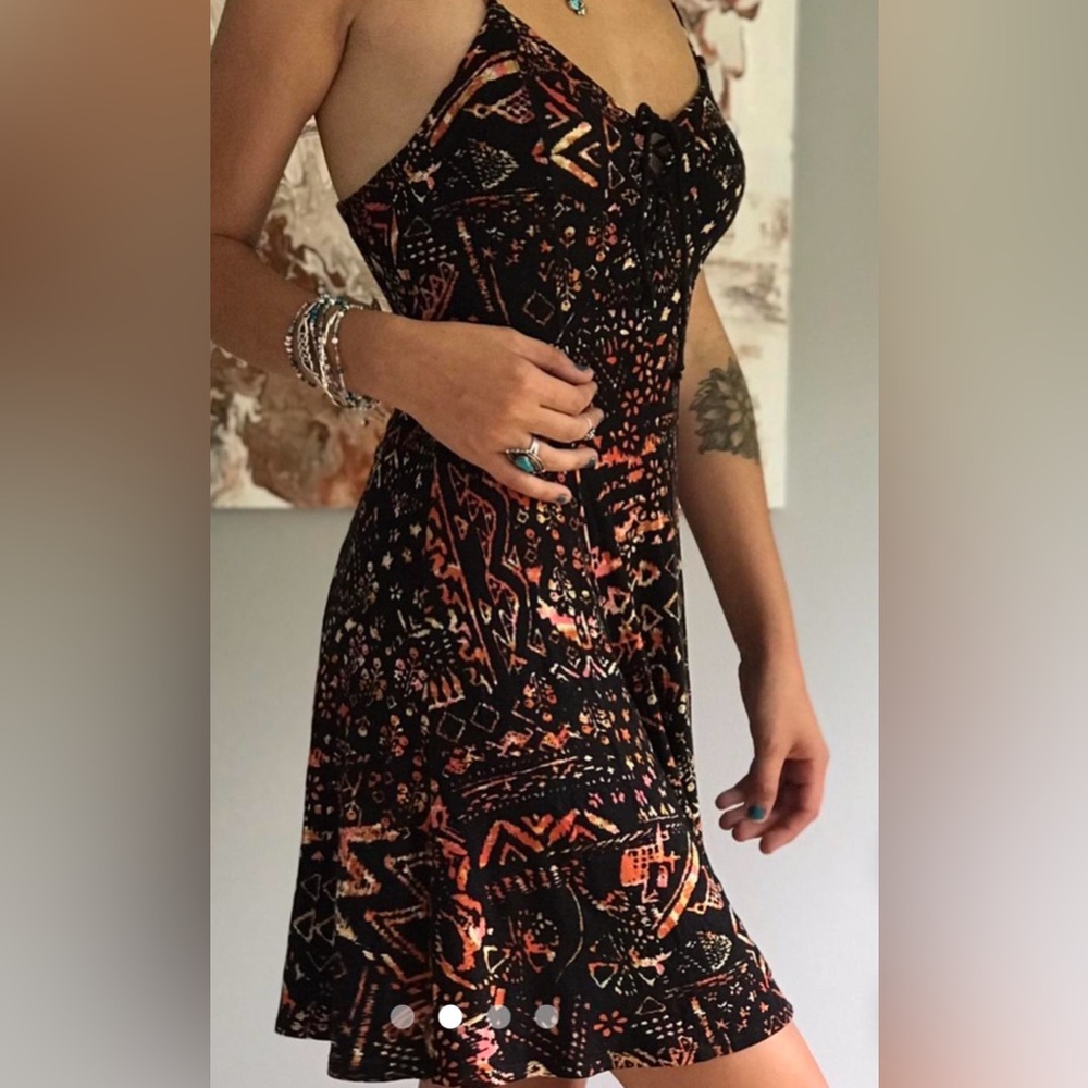 Small UO Urban Outfitters Black w/ Orange Print Soft Stretchy Summer Mini Dress
